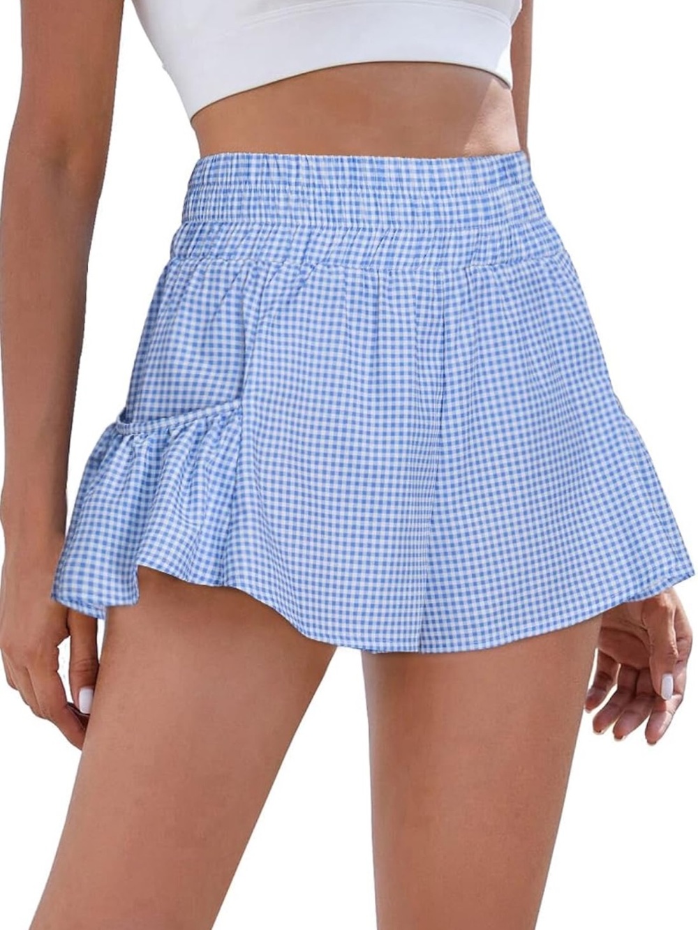 Light Blue Gingham Ruffle Waistband Shorts